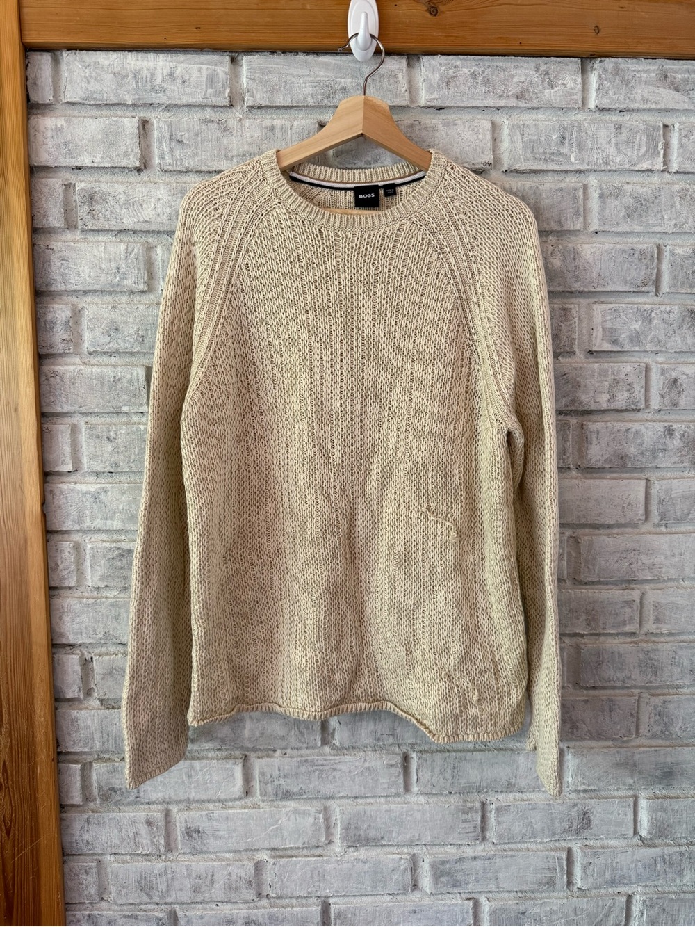 Boss Men's Cream Knit Crewneck Sweater
